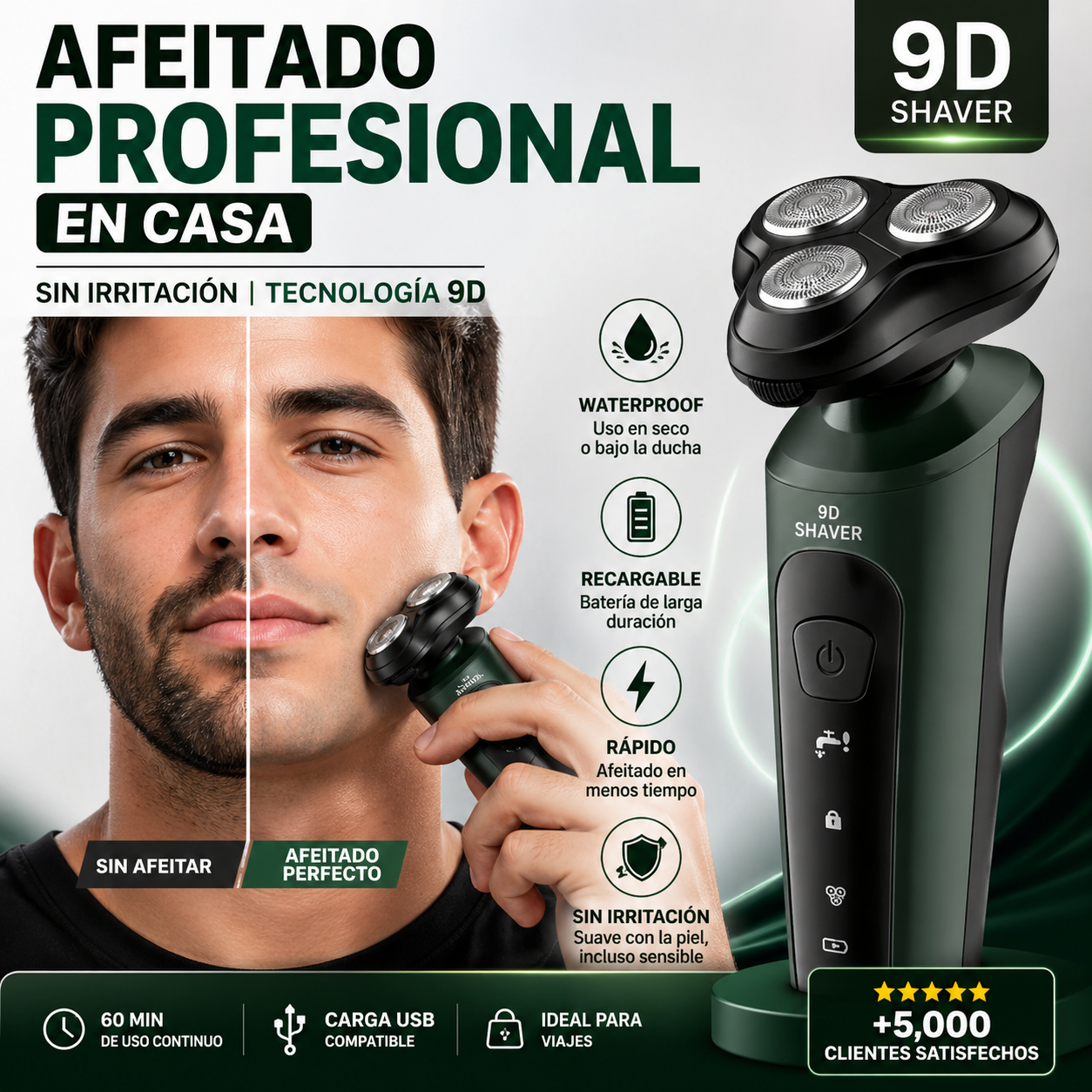 Afeitadora 9D Profesional – Afeitado Rápido, Preciso y Sin Irritación